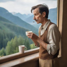 Generate an image of a weary Pinocchio standing by a window, gazing at a landscape of trees and mountains. He holds a cup of coffee in one hand and stirs it with a spoon in the other.