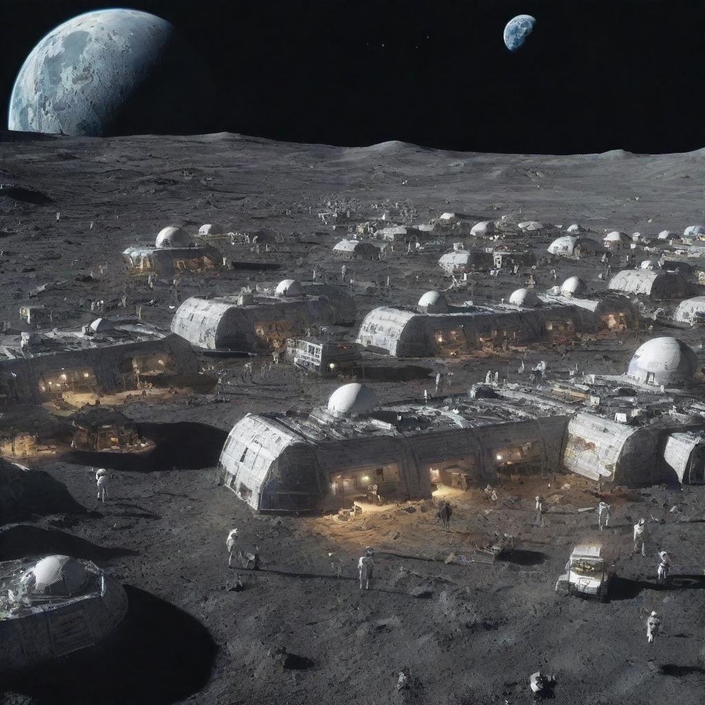 A thriving first human colony on the moon, complete with futuristic buildings, astronauts bustling about, and Earth visible in the night sky.