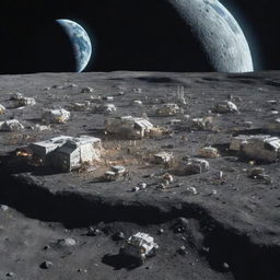 A thriving first human colony on the moon, complete with futuristic buildings, astronauts bustling about, and Earth visible in the night sky.