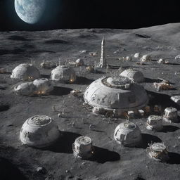 A thriving first human colony on the moon, complete with futuristic buildings, astronauts bustling about, and Earth visible in the night sky.