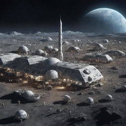 A thriving first human colony on the moon, complete with futuristic buildings, astronauts bustling about, and Earth visible in the night sky.