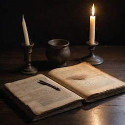 A worn, antique book sitting on a dark wooden table with parchment papers tucked inside. A quill pen and an inkpot are next to it, softly illuminated by candlelight.