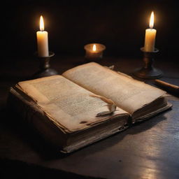 A worn, antique book sitting on a dark wooden table with parchment papers tucked inside. A quill pen and an inkpot are next to it, softly illuminated by candlelight.