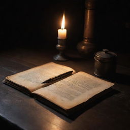 A worn, antique book sitting on a dark wooden table with parchment papers tucked inside. A quill pen and an inkpot are next to it, softly illuminated by candlelight.