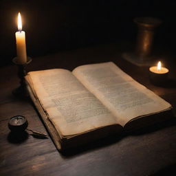 A worn, antique book sitting on a dark wooden table with parchment papers tucked inside. A quill pen and an inkpot are next to it, softly illuminated by candlelight.