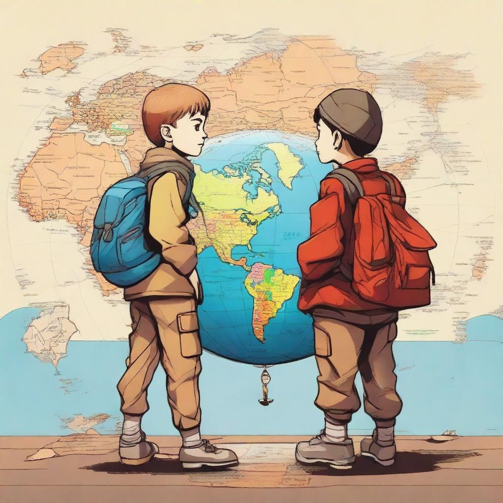 A high-quality digital art piece portraying two courageous boys, one Russian and one Moroccan, equipped with backpacks and maps, embarking on a mission