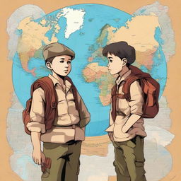 A high-quality digital art piece portraying two courageous boys, one Russian and one Moroccan, equipped with backpacks and maps, embarking on a mission