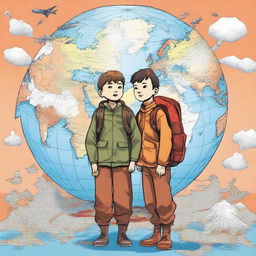 A high-quality digital art piece portraying two courageous boys, one Russian and one Moroccan, equipped with backpacks and maps, embarking on a mission