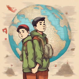 A high-quality digital art piece portraying two courageous boys, one Russian and one Moroccan, equipped with backpacks and maps, embarking on a mission