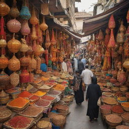 A bustling bazaar bonanza, teeming with a variety of stalls that display brilliant colors of handicrafts, clothes, jewelry, and exotic spices, the air brimming with excitement, chatter and the aroma of delicious street food.