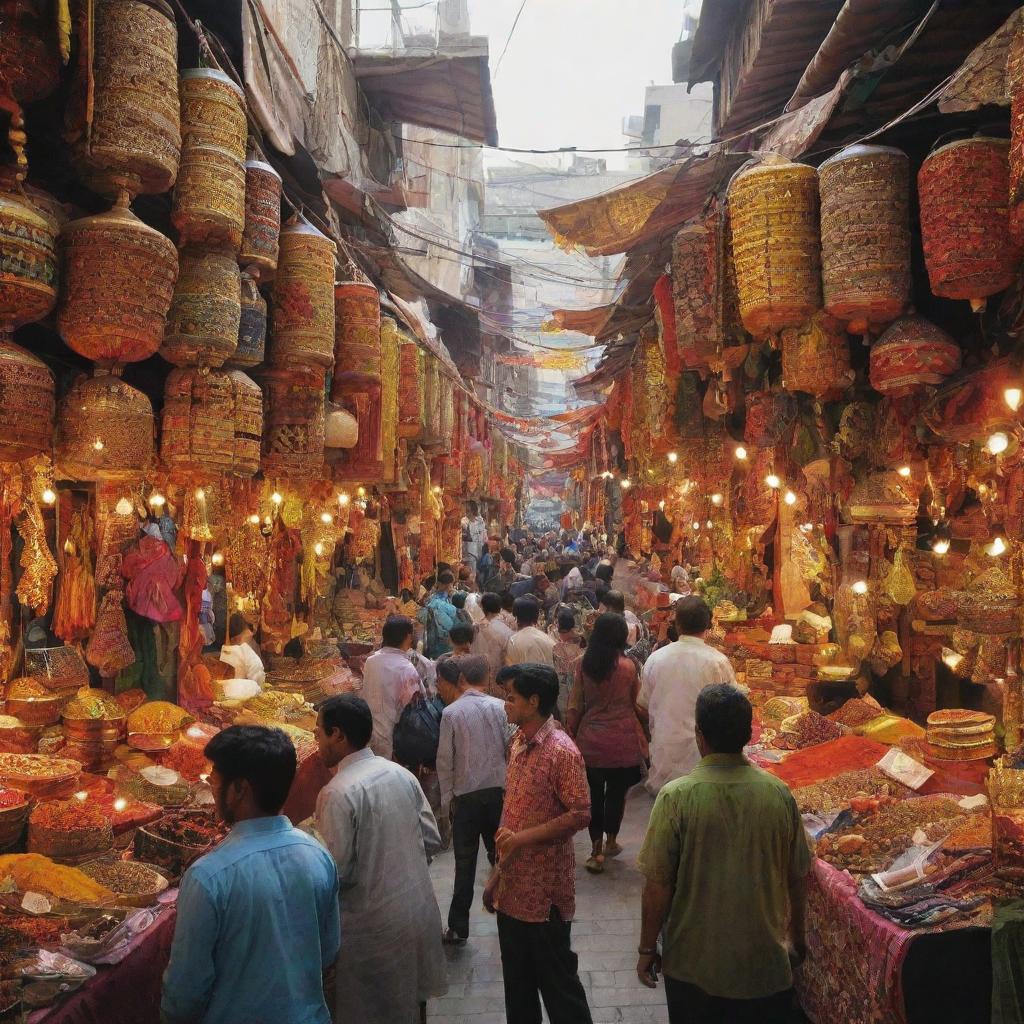 A bustling bazaar bonanza, teeming with a variety of stalls that display brilliant colors of handicrafts, clothes, jewelry, and exotic spices, the air brimming with excitement, chatter and the aroma of delicious street food.