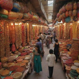 A bustling bazaar bonanza, teeming with a variety of stalls that display brilliant colors of handicrafts, clothes, jewelry, and exotic spices, the air brimming with excitement, chatter and the aroma of delicious street food.