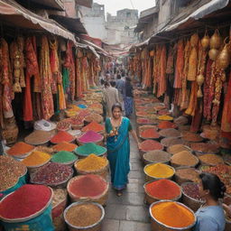 A bustling bazaar bonanza, teeming with a variety of stalls that display brilliant colors of handicrafts, clothes, jewelry, and exotic spices, the air brimming with excitement, chatter and the aroma of delicious street food.