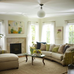 Alter the colorscheme of an existing living room, maintaining the original configuration and decor.