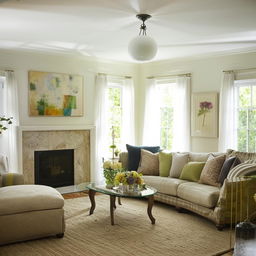 Alter the colorscheme of an existing living room, maintaining the original configuration and decor.