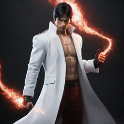 Jin Kazama from Tekken, dressed in a white long coat, holding a sword with vivid red lightning emanating from his body.