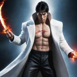 Jin Kazama from Tekken, dressed in a white long coat, holding a sword with vivid red lightning emanating from his body.