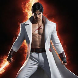 Jin Kazama from Tekken, dressed in a white long coat, holding a sword with vivid red lightning emanating from his body.