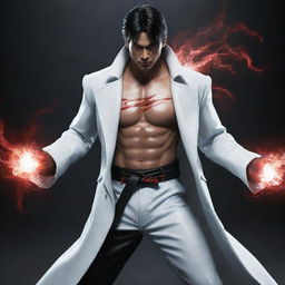 Jin Kazama from Tekken, dressed in a white long coat, holding a sword with vivid red lightning emanating from his body.