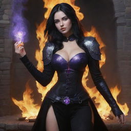 medieval beatifull, bigb boobs, sexy full body, black hair girl with purple eyes with fire aura behind, 23 years old, she is a piro controler, black clothes, sexy, piromancer, in ocation place, charmOfTheRealm, digital art, high detailed