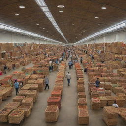 An expansive exhibition center in Ethiopia brimming with busy shopping stalls. The stalls display a diverse range of goods from traditional Ethiopian artifacts to modern items, creating a vibrant shopping environment with a local touch.