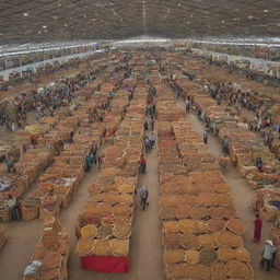 An expansive exhibition center in Ethiopia brimming with busy shopping stalls. The stalls display a diverse range of goods from traditional Ethiopian artifacts to modern items, creating a vibrant shopping environment with a local touch.