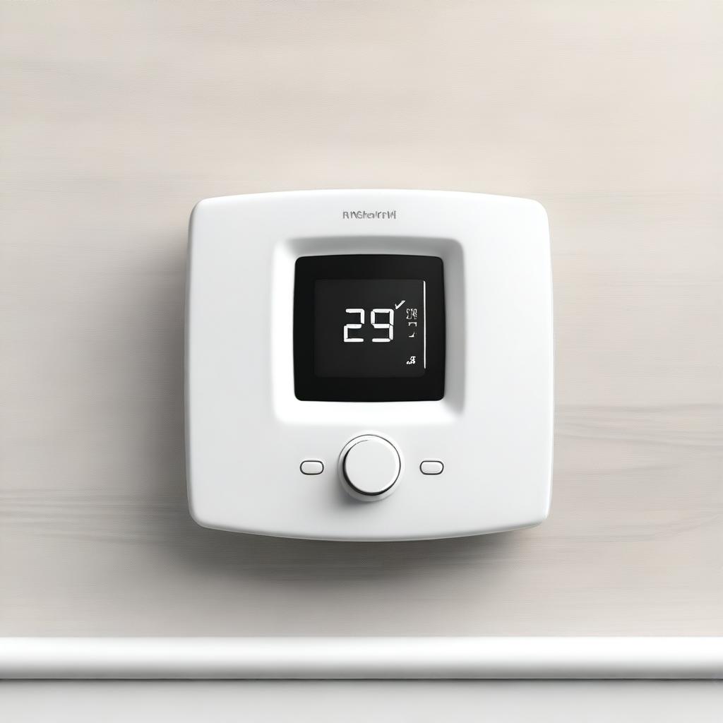 This image is a high-quality digital art depiction, featuring a Smart-Home-Thermostat attached to a white radiator