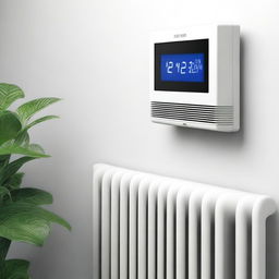 This image is a high-quality digital art depiction, featuring a Smart-Home-Thermostat attached to a white radiator