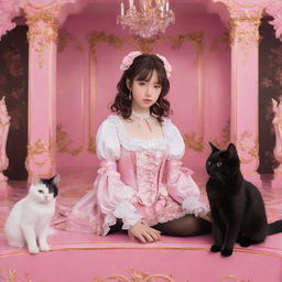 Rococo styled anime featuring a modern brunette girl and a black and white cat in a vibrant pink aesthetic environment.