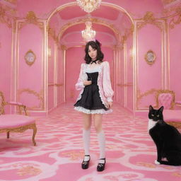 Rococo styled anime featuring a modern brunette girl and a black and white cat in a vibrant pink aesthetic environment.