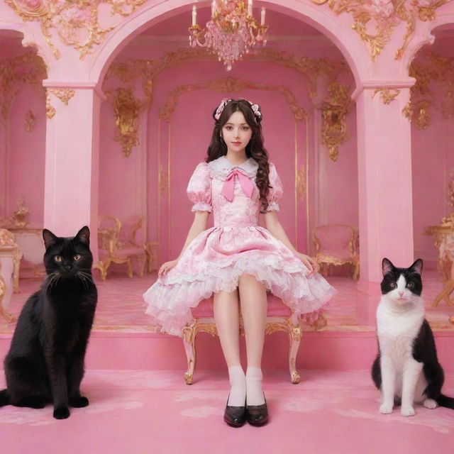 Rococo styled anime featuring a modern brunette girl and a black and white cat in a vibrant pink aesthetic environment.