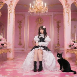 Rococo styled anime featuring a modern brunette girl and a black and white cat in a vibrant pink aesthetic environment.