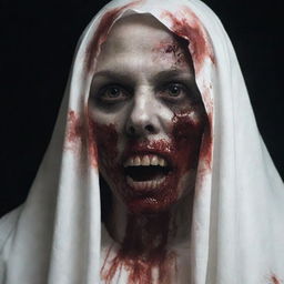 Modify the previous ghost image to include frightening elements of blood and gore, increasing its sinister and scary appearance