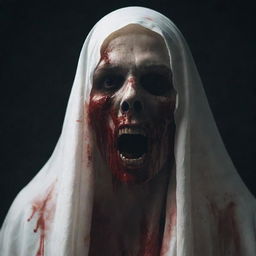 Modify the previous ghost image to include frightening elements of blood and gore, increasing its sinister and scary appearance