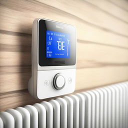 This is a high-quality digital art image, showcasing a smart home thermostat mounted on a radiator