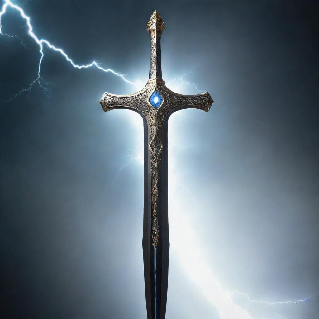 The legendary Excalibur with a black blade, infused with electrifying lightning radiating around it.