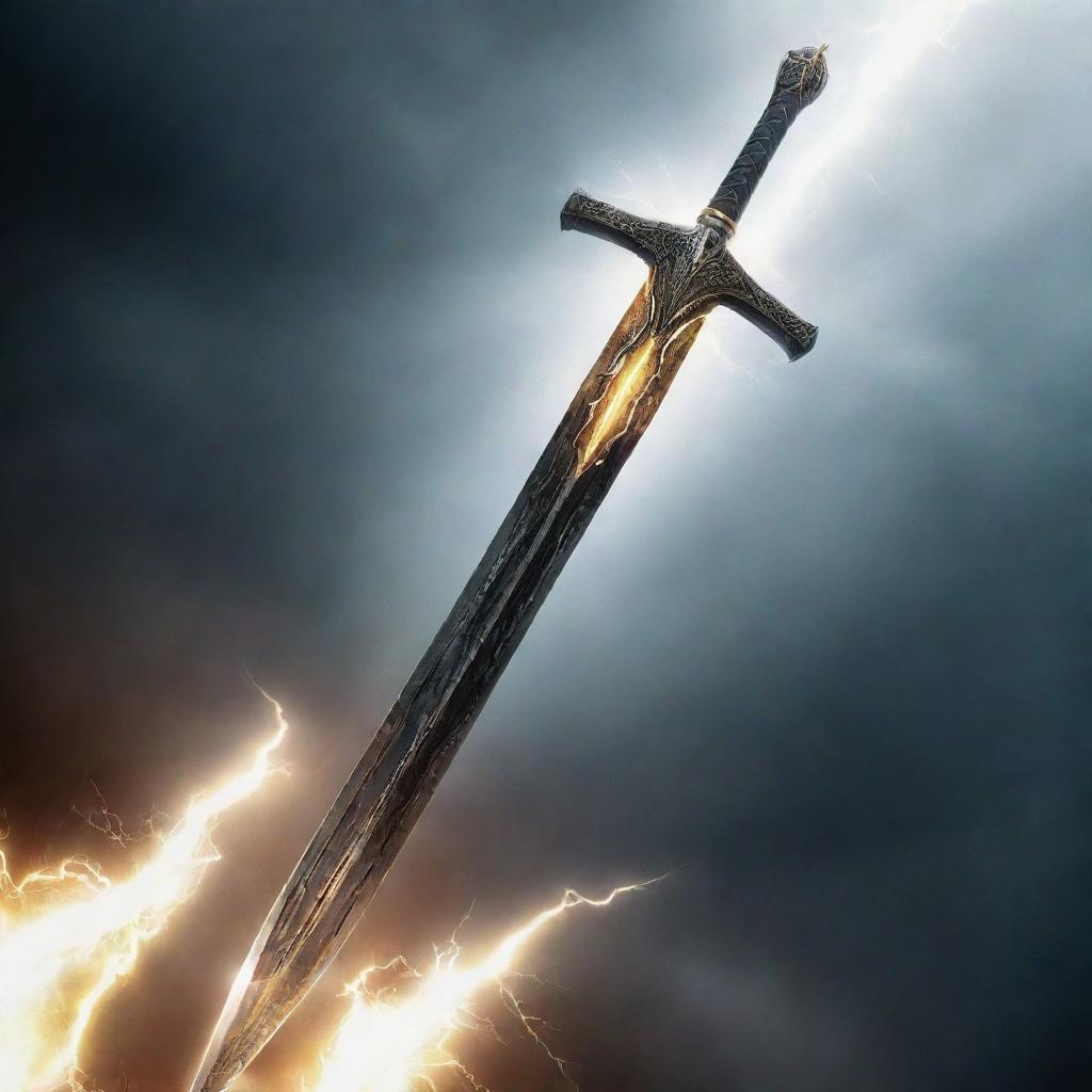 The legendary Excalibur with a black blade, infused with electrifying lightning radiating around it.