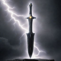 The legendary Excalibur with a black blade, infused with electrifying lightning radiating around it.