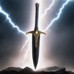 The legendary Excalibur with a black blade, infused with electrifying lightning radiating around it.