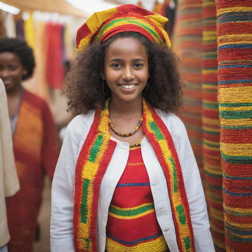 A lovely young girl, dressed in vibrant traditional Ethiopian attire, joyfully shopping with her friends at an energetic exhibition center in Ethiopia. The stalls around them overflow with a diverse mix of local and modern merchandise.