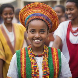 A lovely young girl, dressed in vibrant traditional Ethiopian attire, joyfully shopping with her friends at an energetic exhibition center in Ethiopia. The stalls around them overflow with a diverse mix of local and modern merchandise.