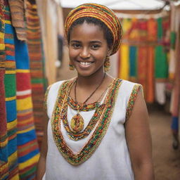 A lovely young girl, dressed in vibrant traditional Ethiopian attire, joyfully shopping with her friends at an energetic exhibition center in Ethiopia. The stalls around them overflow with a diverse mix of local and modern merchandise.