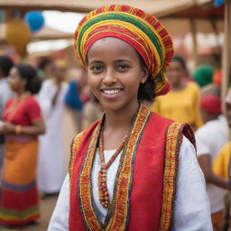 A lovely young girl, dressed in vibrant traditional Ethiopian attire, joyfully shopping with her friends at an energetic exhibition center in Ethiopia. The stalls around them overflow with a diverse mix of local and modern merchandise.