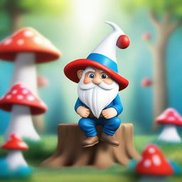 A whimsical, high-quality digital art piece, featuring a magical garden gnome sitting on a small tree stump