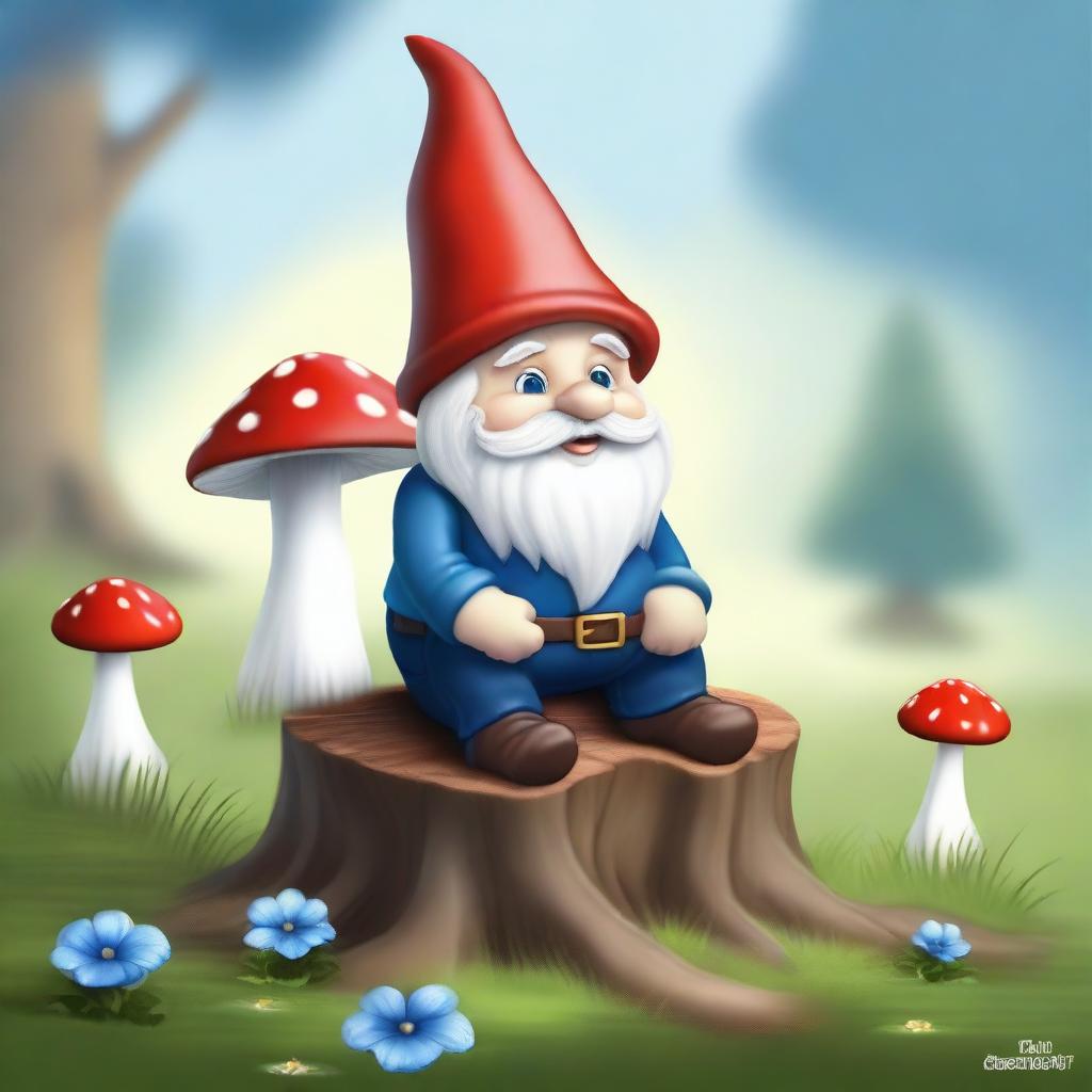 A whimsical, high-quality digital art piece, featuring a magical garden gnome sitting on a small tree stump