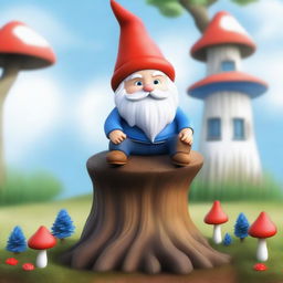 A whimsical, high-quality digital art piece, featuring a magical garden gnome sitting on a small tree stump