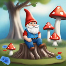 A whimsical, high-quality digital art piece, featuring a magical garden gnome sitting on a small tree stump