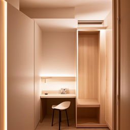 Cozy 10x8 sleeping room with a compact wardrobe, a functional working area, and warm ambient lighting, modern minimalist style.