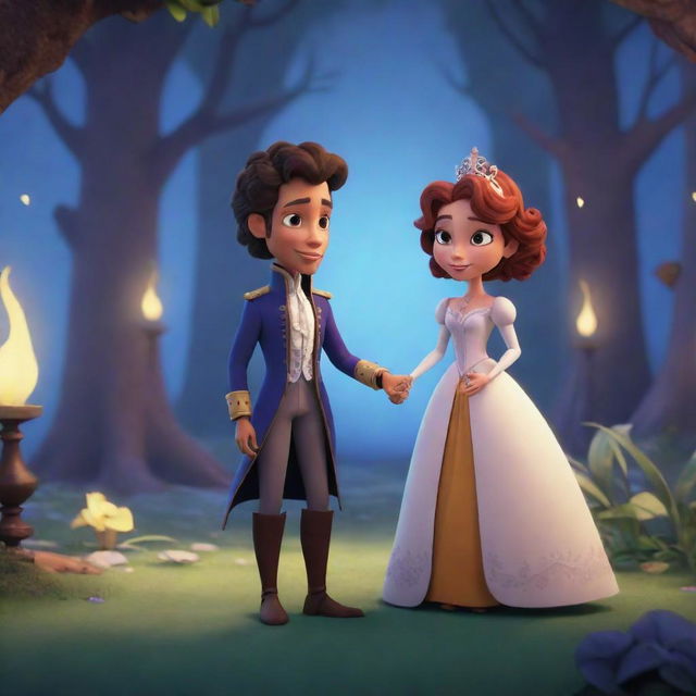 Captivating visuals and expressive character animations in the form of an AI-generated cartoon video. Exhibit an enchanting tale of Prince Alaric and Elara, accompanied by a whimsical soundtrack.