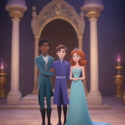 Captivating visuals and expressive character animations in the form of an AI-generated cartoon video. Exhibit an enchanting tale of Prince Alaric and Elara, accompanied by a whimsical soundtrack.